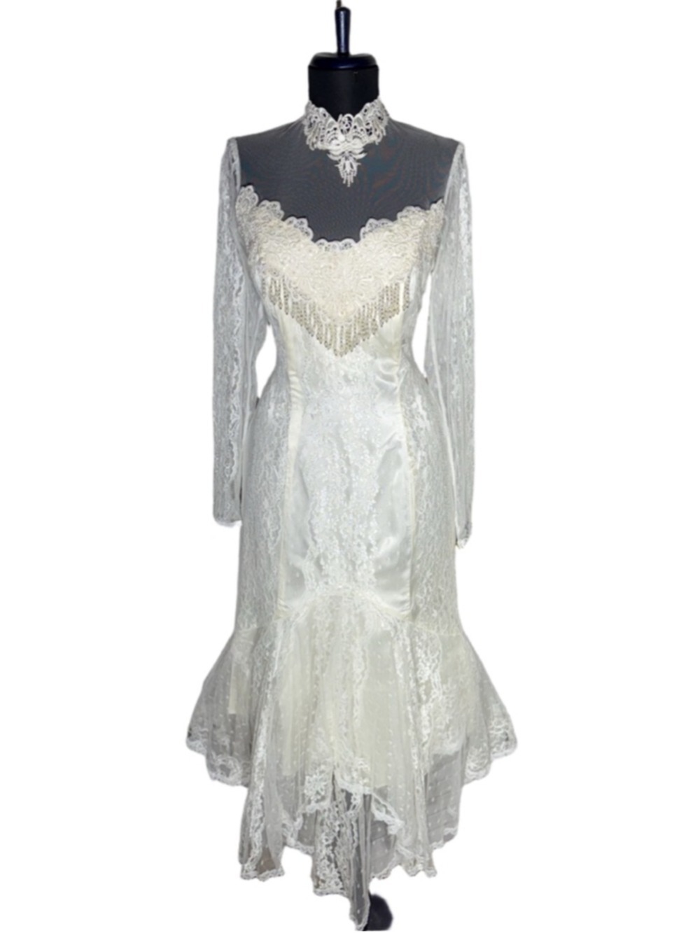 Vintage Victorian wedding white gown bridal dress cream lace fairy coquette M